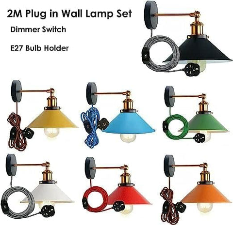 DC VOLTAGE Industrial Plug in Wall Light Fixture, Vintage 2m Fabric Cable 3 Pin Wall Mounted Sconce Adjustable Arm 180º LED E27 Base Antique Retro Metal 22cm Shade for Bedside Kitchen