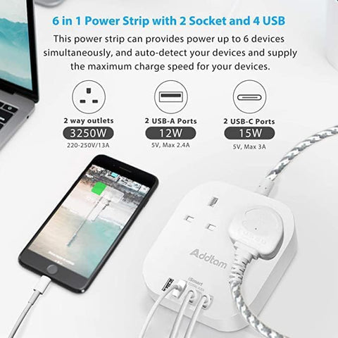 Addtam Extension Lead with 2 AC Outlets, 4 USB Ports & 1.6m Braided Cable – Keep Your Everyday Devices Charged Without the Desk Clutter