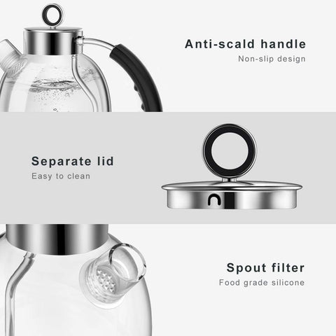 1.5L Glass Electric Kettle – Borosilicate Tea Heater & Hot Water Boiler, Auto Shut-Off & Boil-Dry Protection – Silver