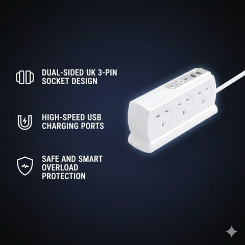 Masterplug Heavy Duty Six Socket Switched Surge Protected Extension Lead with 2 USB Ports, 2 Metre, White