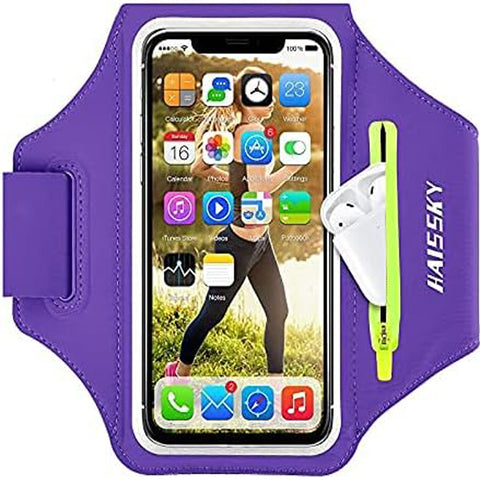 Running Armband with Airpods Pocket Black Sweatproof Gym Phone Holder Purple