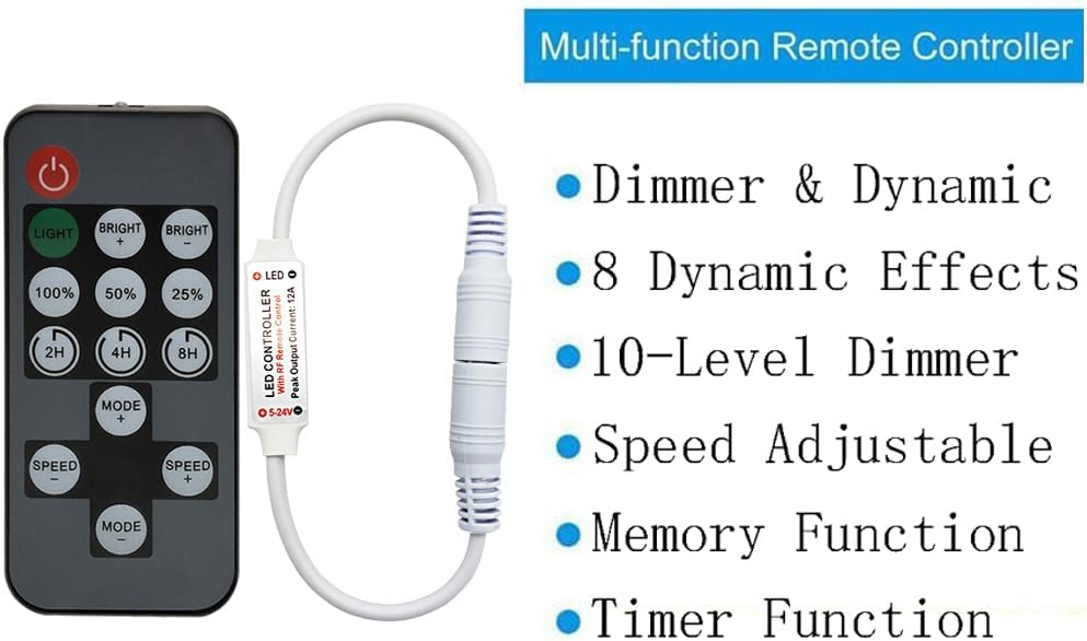 Multi-function remote controller with LED strip and feature list on a white background