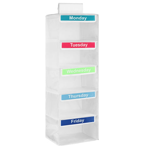 5- Shelf Weekly Clothes Organizer for Kids, Kids Daily Clothes Organiser, Day of Week Clothes Organiser ,Hanging Closet Organizer,Monday Through Friday Clothes Organizer for Hats T-Shirts (Grey)