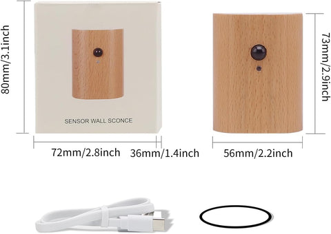 Wooden LED Wall Lamp, Motion Sensor Night Light, Rechargeable Sconce, Beech, 5.6 x 2.8 x 7.3 inches, Bedroom