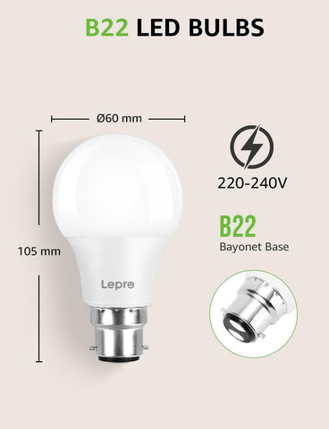 Lepro Bayonet Light Bulbs 60W Equivalent, Warm White 2700K, 8.5W 806lm LED Bayonet Bulb, B22 LED Bulbs, BC GLS Energy Saving Lightbulbs Bayonet, Non-dimmable, Pack of 12 [Energy Class F]