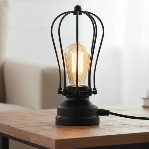 DC VOLTAGE Industrial Cage Table Lamp Black E27 LED Bedside Desk Light – Vintage Steampunk Metal Lamp for Bedroom, Living Room, Office, Café & Bar
