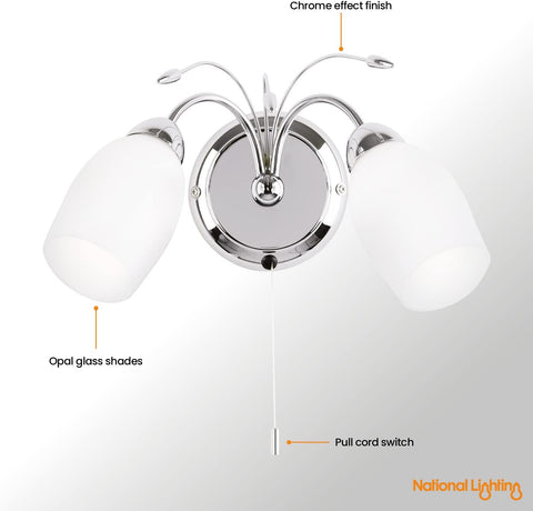 Albert Chrome Twin Wall Light with Pull Cord