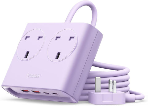 ORICO PD 25W Purple Extension Lead with 2 USB-C & 2 USB-A Ports, 2 AC Sockets and 1.6m Cable – A Smarter, Tidier Way to Power Your Everyday Essentials