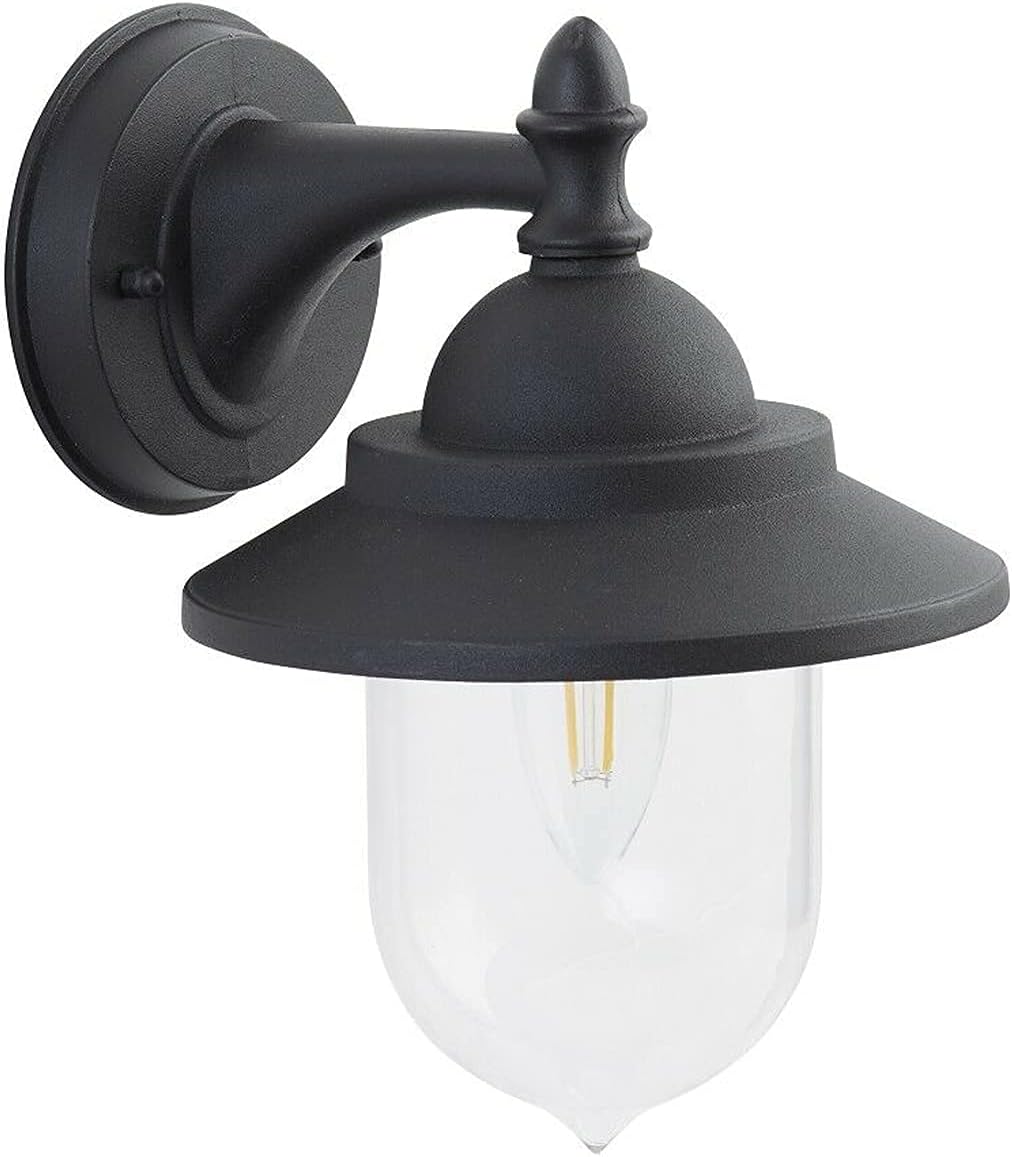 Black outdoor wall light fixture with clear glass cover on a white background