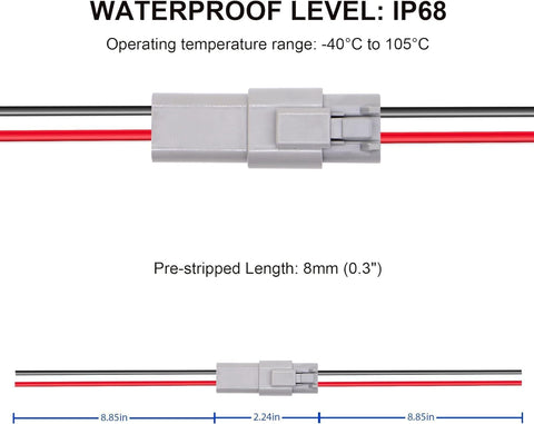 HISports 2-Pin DT Connector Kit, Waterproof DT Electrical Wire Connector 2 Pin Way Sealed Gray Male and Female Auto Waterproof Electrical Wire Connector Plug, for Motorcycle, Scooter, Car, Boats