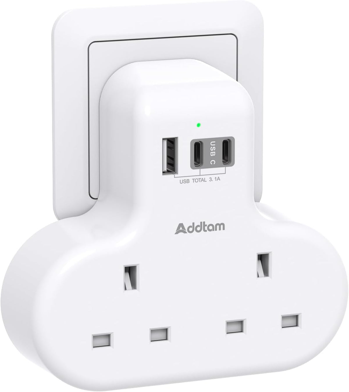 Addtam Double Plug Adaptor with 3 USB Ports (2 USB-C), 2-Way Multi Plug Extension Socket – Keep Your Everyday Charging Neat, Simple and Within Reach