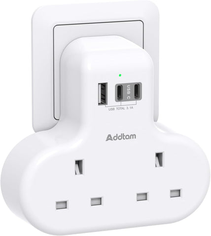 Addtam Double Plug Adaptor with 3 USB Ports (2 USB-C), 2-Way Multi Plug Extension Socket – Keep Your Everyday Charging Neat, Simple and Within Reach