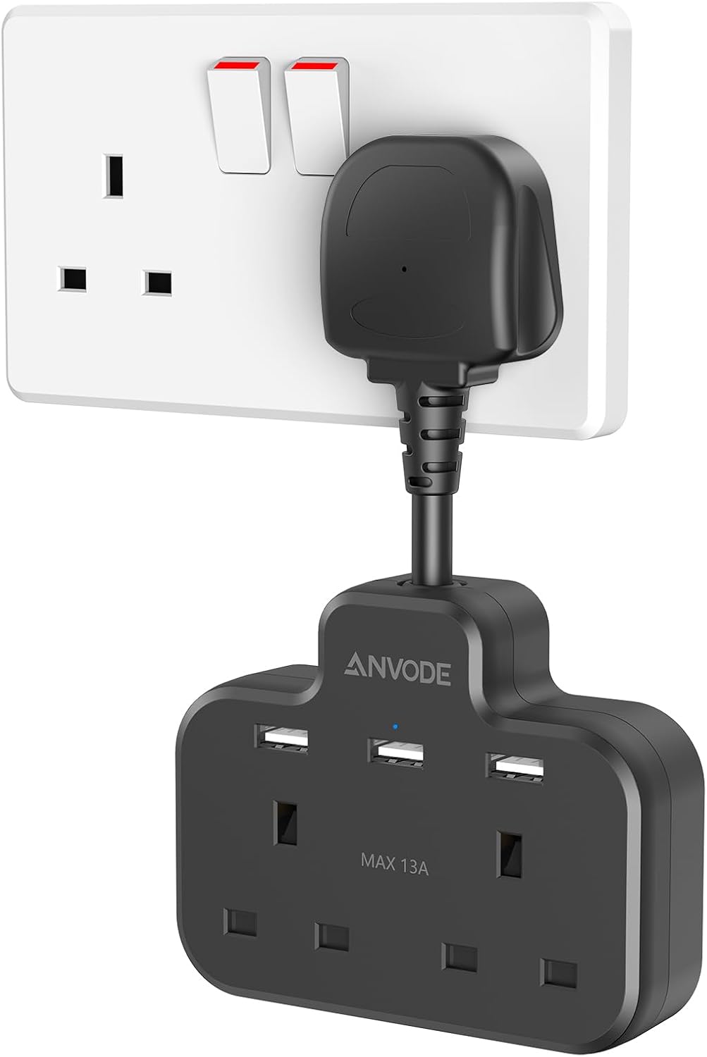 Double Plug Adaptor with USB – 2-Way UK Wall Socket Extender with 3 USB Ports & 5cm Short Extension Lead, Black – Make Room for More of Your Everyday Essentials