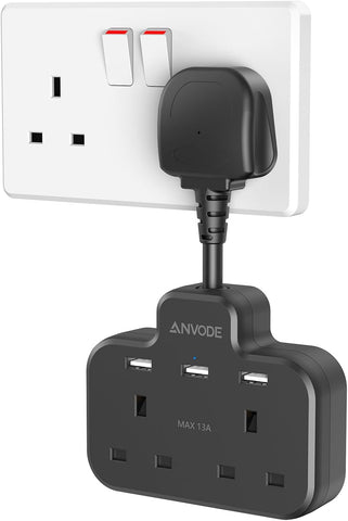 Double Plug Adaptor with USB – 2-Way UK Wall Socket Extender with 3 USB Ports & 5cm Short Extension Lead, Black – Make Room for More of Your Everyday Essentials