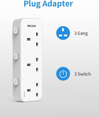 MSCien 3 Gang Plug Adaptor with LED Indicators – 13A 3250W Narrow Multi Plug with Individual Switches - Keep Your Everyday Devices Neatly Powered