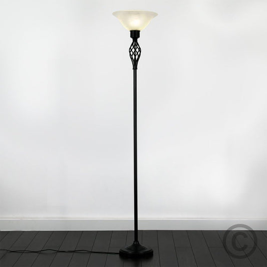 Traditional Style Satin Black Barley Twist Floor Lamp with a Frosted Alabaster Shade