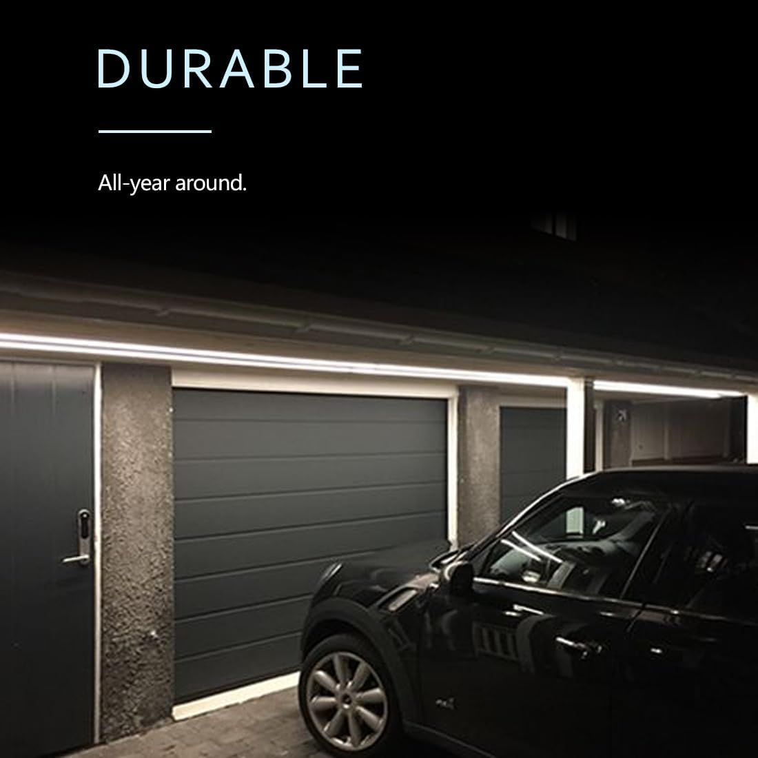 Garage with a car parked in front of a closed garage door, with text 'Durable All-year around' on a black background.