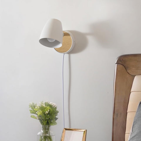 Wall Light Plug in,White Wall Sconce for Bedroom,Modern Wood Sconces Light with 180°Rotation Metal Shade,e26 Wall Lamp with Switch for Living Room,Nightstand,Dining Room,Hallway,Corner,Stairway