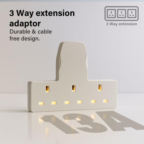 13A 3 Gang UK 3-Pin Power Adapter Multi Plug Socket Extender, Compact Cable-Free Design, BS 1363-3 Certified for Home, Kitchen & Office Use