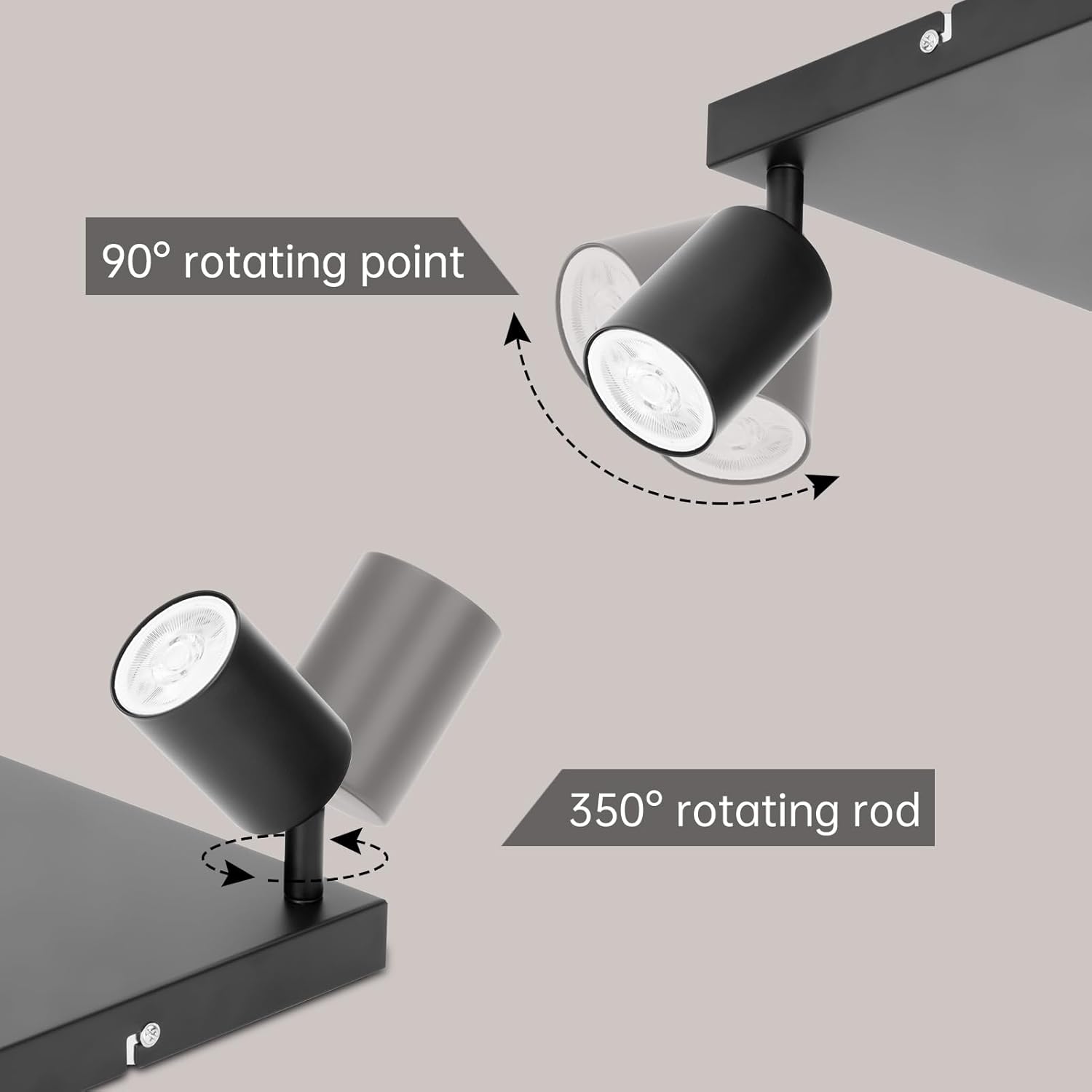 Track light fixture with 90-degree and 360-degree rotation points on a gray background