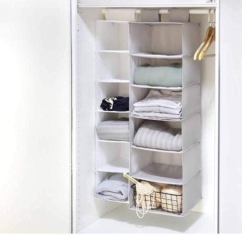 YINGGG 6-Shelf Hanging Wardrobe Organiser, Grey Non-Woven Fabric Storage Rack with 2 Wide Hook-and-Loop Straps for Sweaters, Shoes, Towels and Accessories