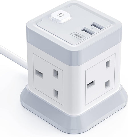 BEVA 4 Way Cube Extension Lead with 3 USB Ports, 1.5m Cable & On/Off Switch – Keep Your Everyday Essentials Powered Without the Desk Clutter