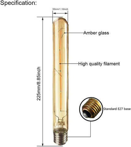 Edison Vintage Tube Lamp E27 4 W T30-225 Test Tube Flute Light Bulb, 400 lm, AC 220-240 V, E27 T30 LED Filament Light Bulb, Warm White (2700 K), Not Dimmable [Energy Class B]