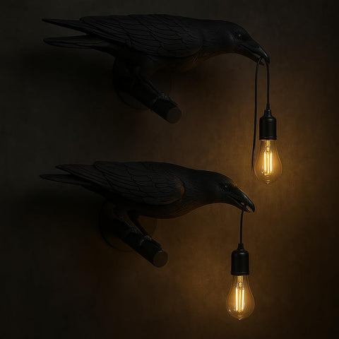 Set of 2 Black Birds Wall Lamps Resin Crow Desk LED Lamp E27 Base Modern Raven Art Deco Bedside Decor Plug in Cord Table Lamps for Bedroom, Office, College Dorm, Right Black Wall