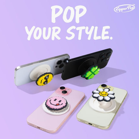 3D Pixel Art MagSafe Phone Grip & Stand – Yummy Smile Emoji White