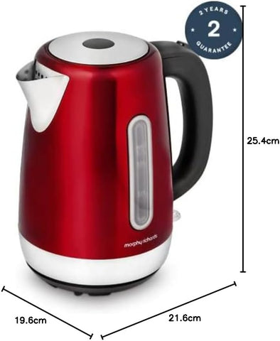 Morphy Richards Equip Kettle 1.7L – 3000W Rapid Boil, Removable Limescale Filter, Easy View Water Gauge, Stainless Steel, Red