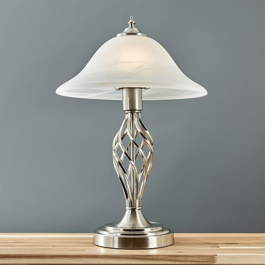 Traditional Style Satin Nickel Barley Twist Table Lamp with a Frosted Alabaster Shade - Complete with a 6w LED Bulb [3000K Warm White]