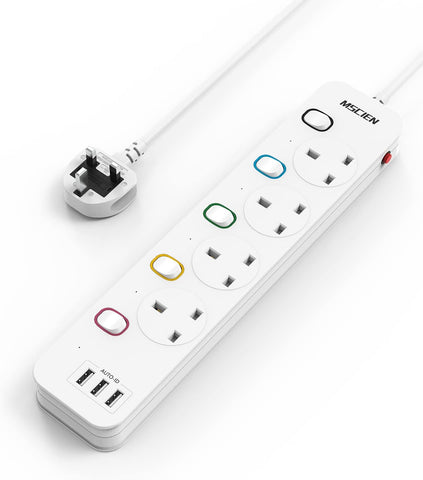 Mscien Extension Lead with 4 Sockets, 3 USB Ports, 3m Cable & Individual Switches – Keep Your Desk Tidy and Your Everyday Devices Within Reach