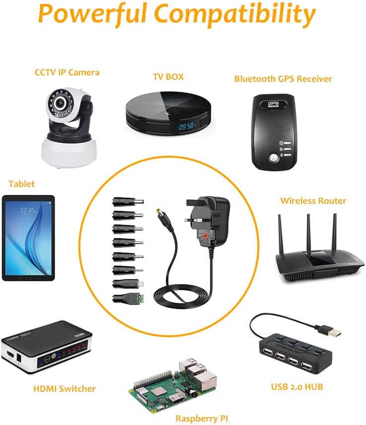 Collection of electronic devices with power adapter and cables on a white background