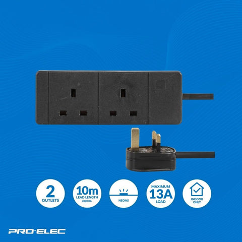PRO ELEC 2 Socket Extension Lead 10m Black