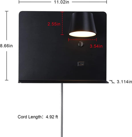 Modern LED Wall Light with USB Port & Shelf – 6W 520LM Adjustable Reading Wall Sconce, Warm White 2700K Lamp for Bedroom & Living Room