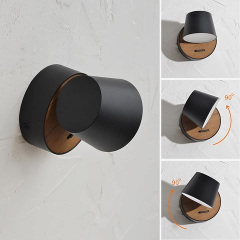 Wall Lamp with Switch Black,Wall Sconce Hardwired 360°Rotatable 5w Led Wall Light,Modern Designer Wall Light Indoor Wood,Bedside Lamp Bedroom,Hallway Living Room,1pack,3000k
