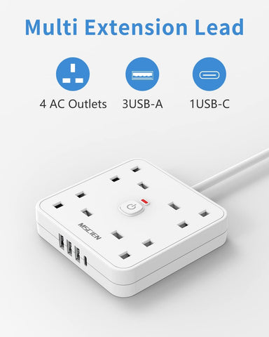 5M 4 Gang Extension Lead with USB C and 3 USB A Ports, Wall Mount Power Strip