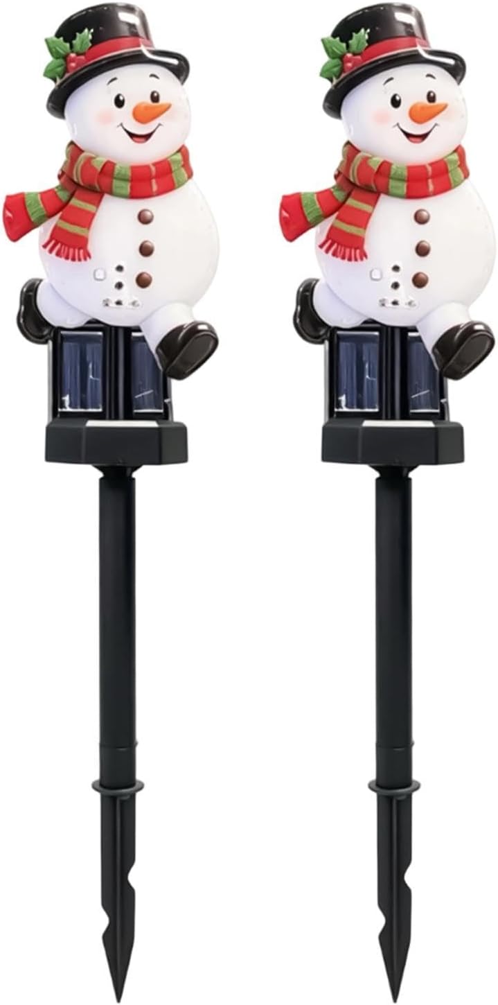 Solar Christmas Snowman Pathway Lights - 2 Piece Weatherproof LED Stake