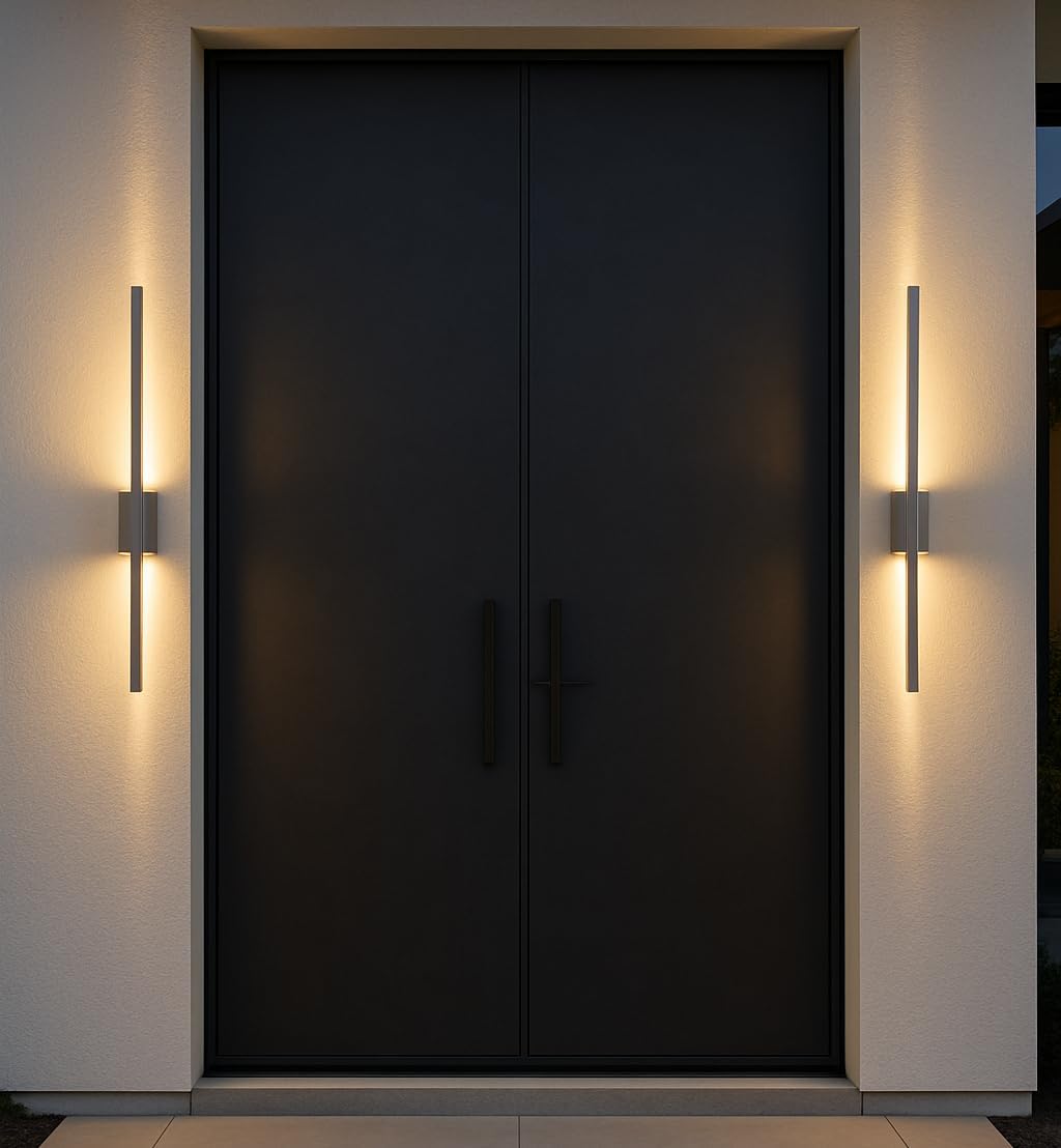 Modern black door with wall lights on a neutral background