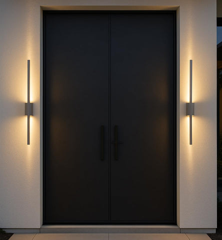 Modern black door with wall lights on a neutral background
