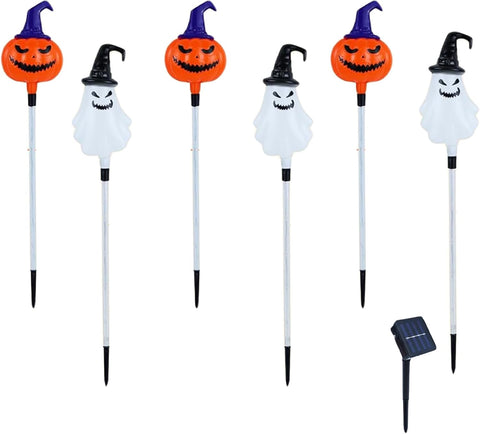Halloween Yard Stakes with 6Pcs Ghosts Pumpkin Solar Lights, 8 Modes Waterproof Solar Halloween Lights for Garden, Yard, Pathway, Spooky Outdoor Decorations