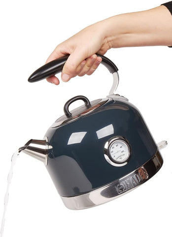 Blue Electric Kettle 1.5L – 3000W Rapid Boil, 360° Swivel Base, BPA-Free Stainless Steel, Ergonomic Handle, Temp Gauge