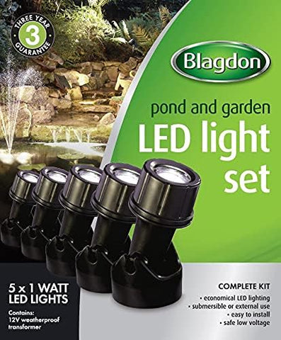 Blagdon Ultra Bright LED Pond and Garden Lights 1W 5 Light Set – Waterproof Submersible Outdoor Lighting with 12V Transformer