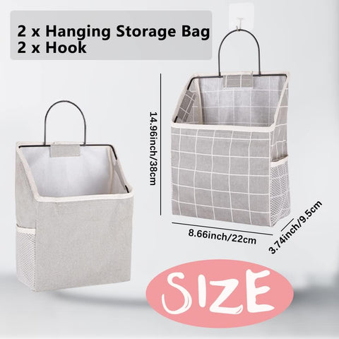 BieFuSin 2-Pack Wall Hanging Storage Bags, Grey Plaid Cotton Linen Organisers with Metal Frame, Waterproof Lining & Side Mesh Pockets for Bedroom, Bathroom & Kitchen