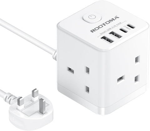 Cube Extension Lead with USB-C, 3 Way UK Plug, 4 USB Ports & 2m Cable – Keep Your Everyday Essentials Powered Without the Socket Scramble