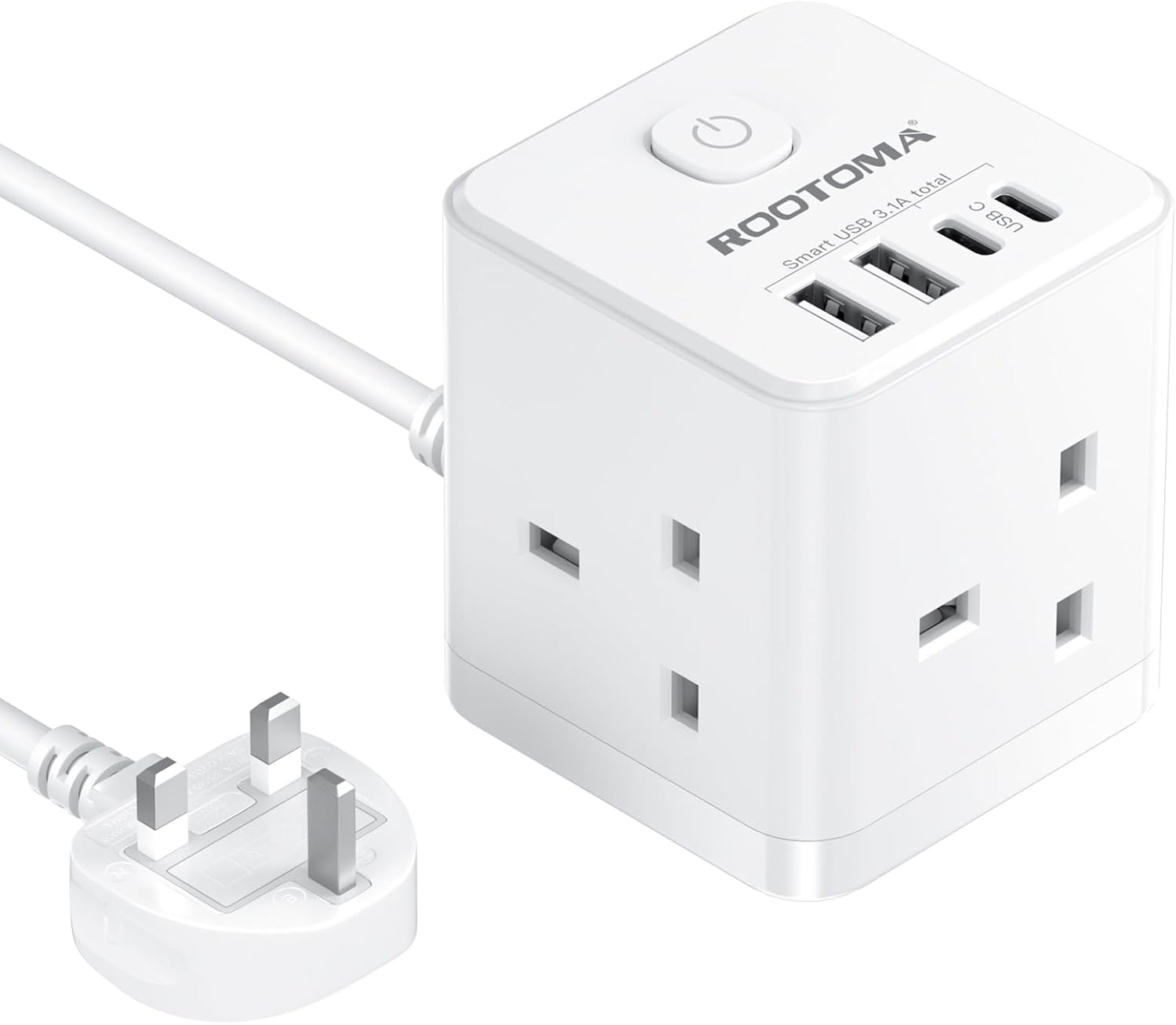 White power strip with multiple outlets and USB ports, featuring the brand 'ROOTOMA'.