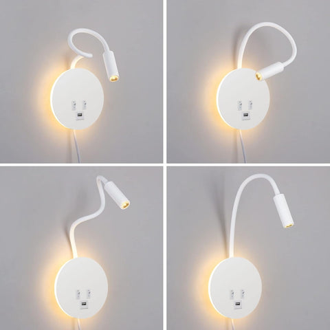 Four views of a wall-mounted light fixture with a flexible arm on a gray background