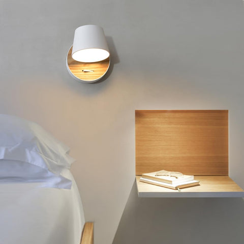 Bedside Wall Light with Switch,White Led Reading Light for Bedroom,360°Rotatable 5w Led Wood Wall Lamp In Industrial Design, Retro Hardwired Wall Sconce for Bedroom, Hallway, Living Room, 1 Pack