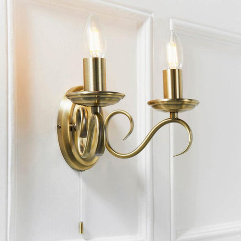 Decorative Twin Wall Light with Pull Switch Brass
