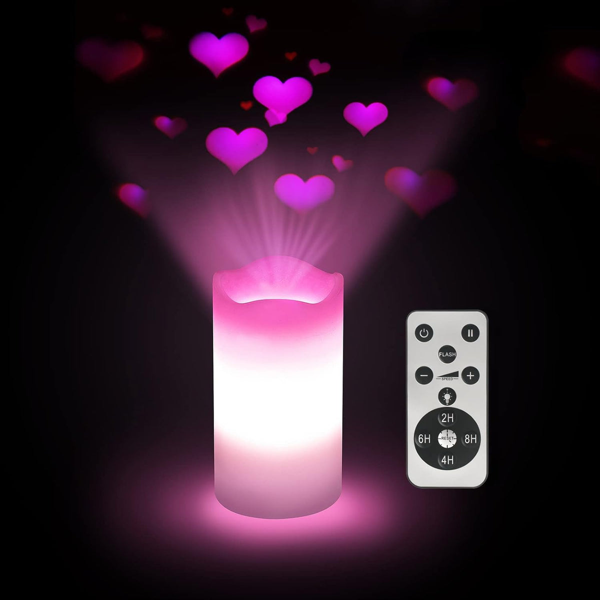 Flameless Candles Valentine Romantic Pink Heart Projector Lights Battery Operated Night Light with Remote and Timer, LED Candle Home Decorations